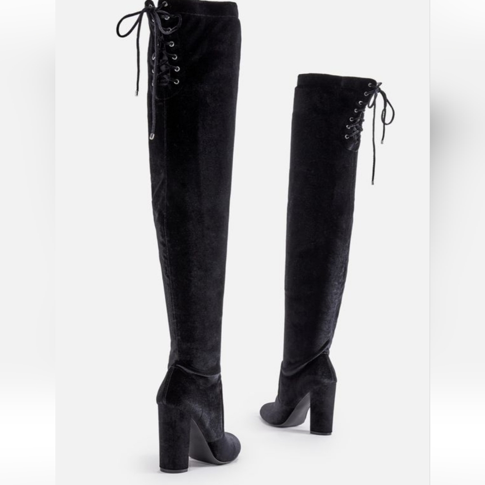 NEW JUST FAB Leona Black Heeled Knee High Suede Lace Up Boots Size 6 - Picture 16 of 17